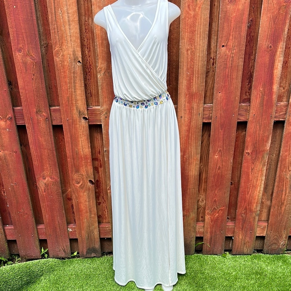 Carolina Elegant White Maxi Dress Deep V Plunge Neckline Size S\M